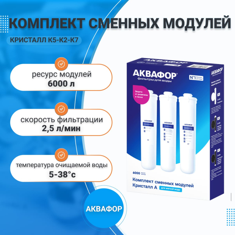 Комплект модулей (картриджей) сменных фильтрующих Аквафор Кристалл К5-К2-К7,арт.518545 Комплект модулей (картриджей) сменных фильтрующих Аквафор Кристалл К5-К2-К7,арт.518545