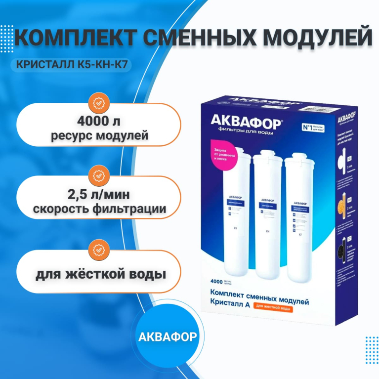 Комплект модулей (картриджей) сменных фильтрующих Аквафор Кристалл К5-КH-К7, для жёсткой воды арт. 211950