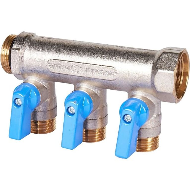 Коллектор 3/4",с синими кранами, 3 отвода 1/2",  STOUT SMB 6211 341203