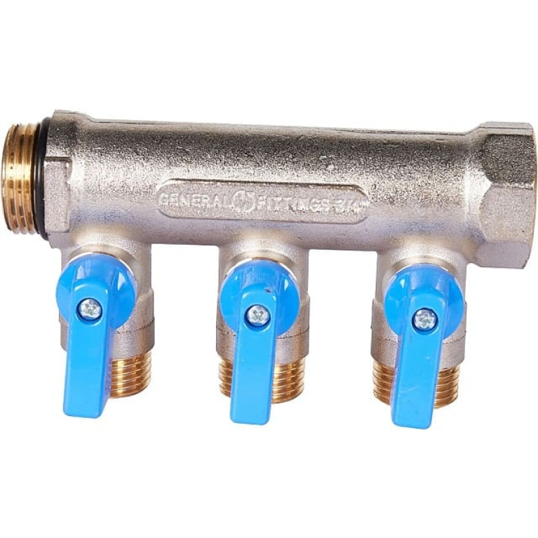 Коллектор 3/4",с синими кранами, 3 отвода 1/2",  STOUT SMB 6211 341203
